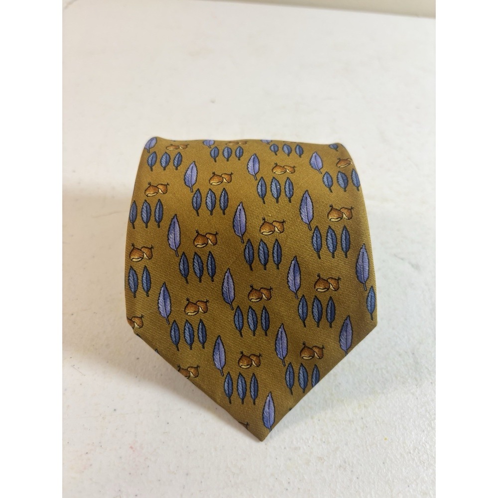 BROOKS BROTHERS Silk Tie Necktie Acorns Feathers Gold Blue 3.5"W 58" L